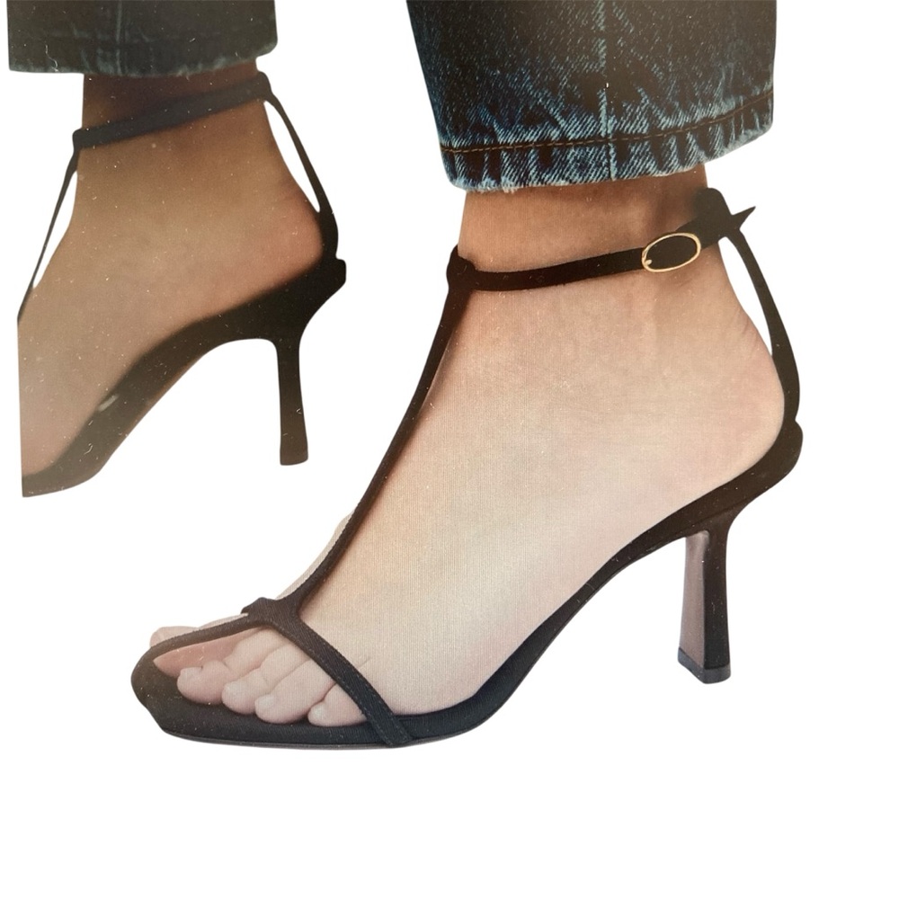 NEOUS | Black T-Bar Grosgrain Ankle Heels Sandals Size 37.5 IT